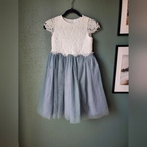 Elegant White and Blue Lace Kids Dress